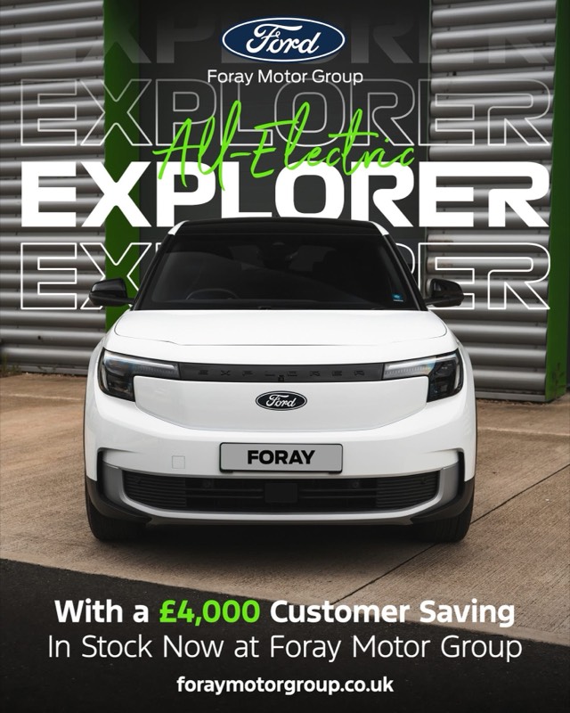 All-electric Ford Explorer campaign artwork for Foray Motor Group, with repeated EXPLORER wordmark and a £4,000 customer saving message