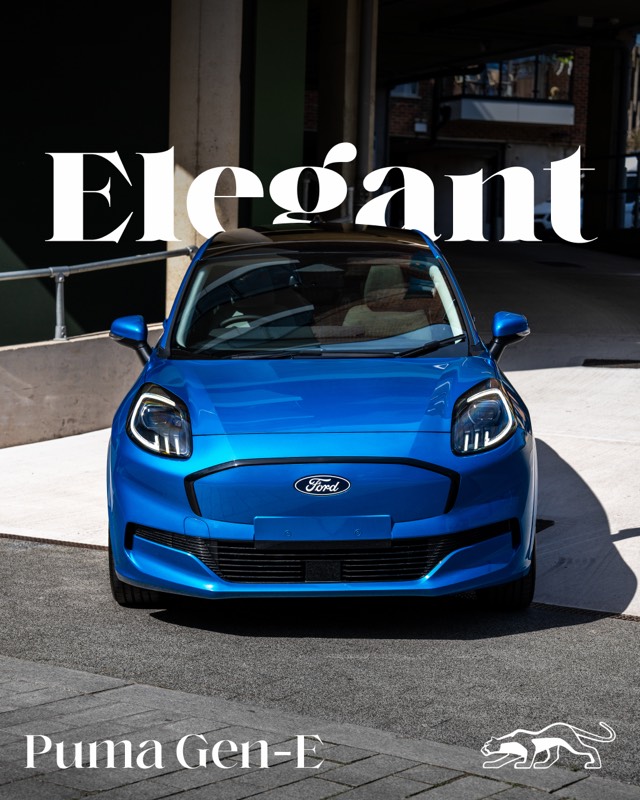 Blue Ford Puma Gen-E campaign artwork with the headline Elegant